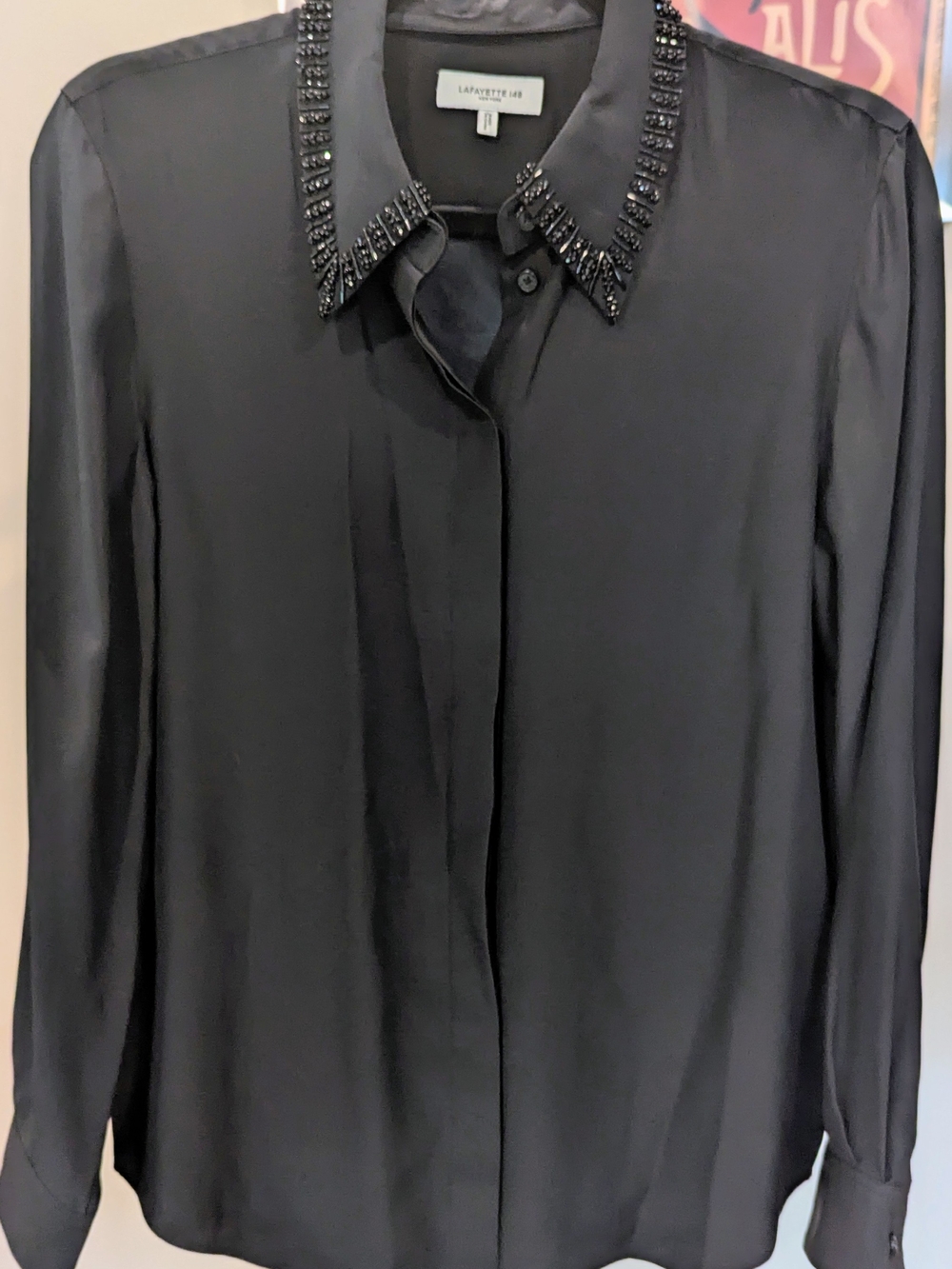 $70 Lafayette 148 Size S New York Black Beaded Collar Silk Blouse Pristine EUC